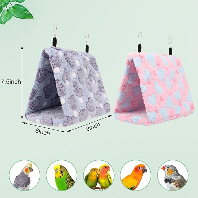2PCS Bird Bed for Cage, Warm Cozy Hanging Bird Hammock Hut Tent for Parrot, Finch, Budgies, Parakeets, Cockatiels, Soft Plush Hideaway Bird Hut Beds (Pink+Purple)