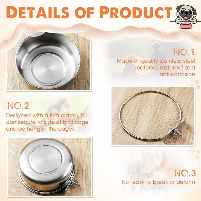 Aoriher 4 Pack Large Bird Feeding Dish Cups 30 oz Stainless Steel Parrot Feeders Food Water Cage Bowls with Clamp Holder for Cockatiel Conure Budgies Parakeet Macaw Small Dog Cat Animal