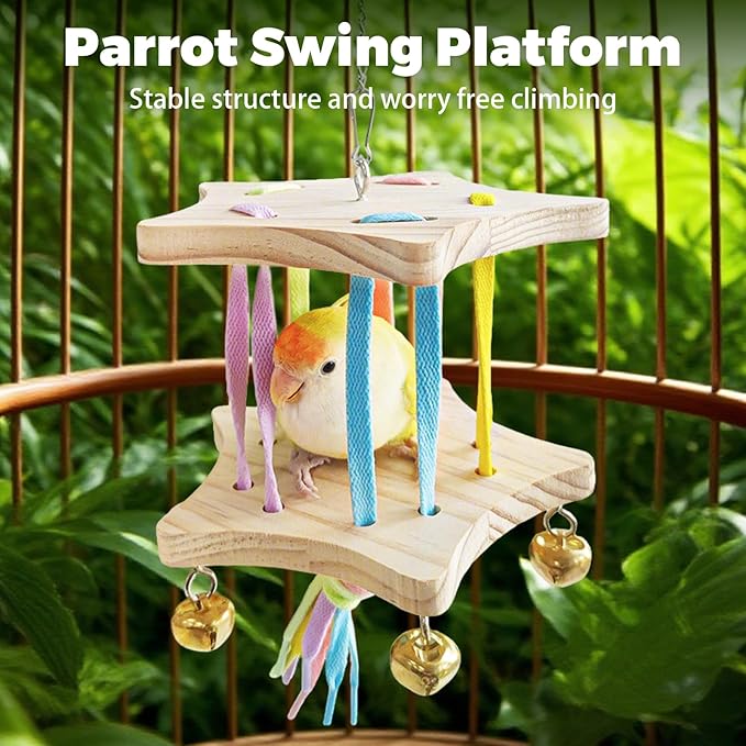 Bird Stand Perch Toy,Interactive Rocking Parakeet Toy and Perch, Wooden Exercise Wheel Cockatiel Toy, Intelligence Puzzle Enrichment Toys,Bird Playground Play Stands for Conure Budgie(E)