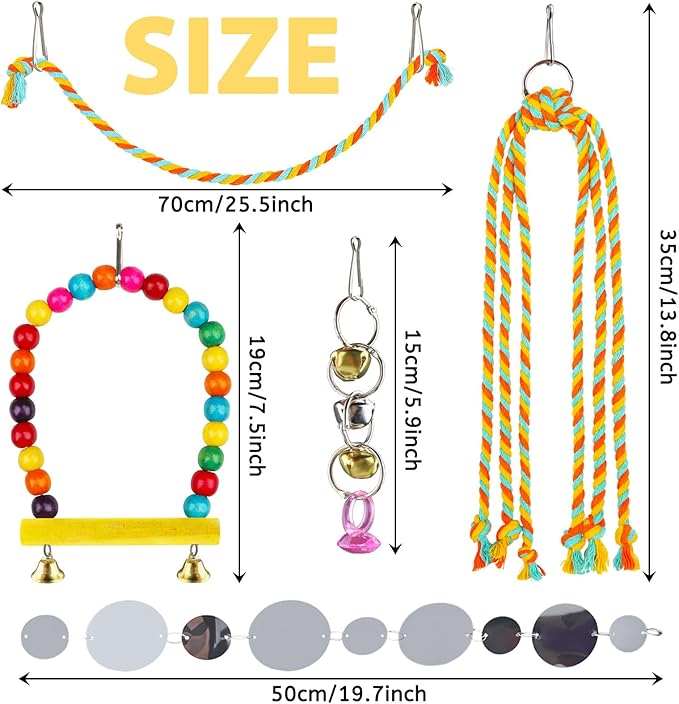 QUOZUO 8 pcs Bird Toys for Parakeets with Colorful Ladder Hammock Bird Cage Accessories Bird Perch Stand Chewing Toys Hanging Bell Parrot