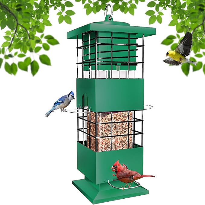 Squirrel Proof Bird Feeder, 3Lb Capacity Metal Bird Feeders for Outdoors Hanging, All-Weather Weight Activated Tube Birdfeeder with 4 Ports for Outside, Cardinal Finch Bluebird (Green)