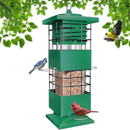 Squirrel Proof Bird Feeder, 3Lb Capacity Metal Bird Feeders for Outdoors Hanging, All-Weather Weight Activated Tube Birdfeeder with 4 Ports for Outside, Cardinal Finch Bluebird (Green)