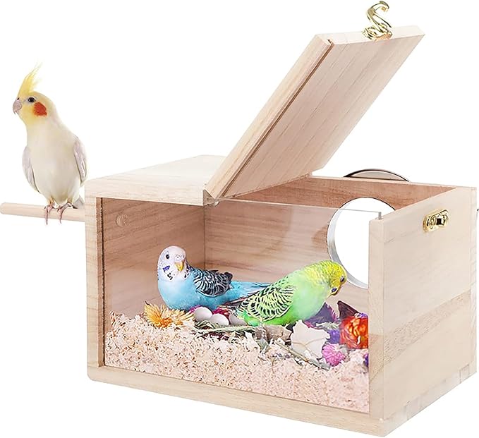 Parakeet Nesting Box with Perch, Small Bird Breeding Box with Transparent Window, Natural Wood Bird House for Cage for Parrot Cockatiel Lovebirds Budgie Finch Parrotlets Canary, Medium (5.9*5.9*11.6")
