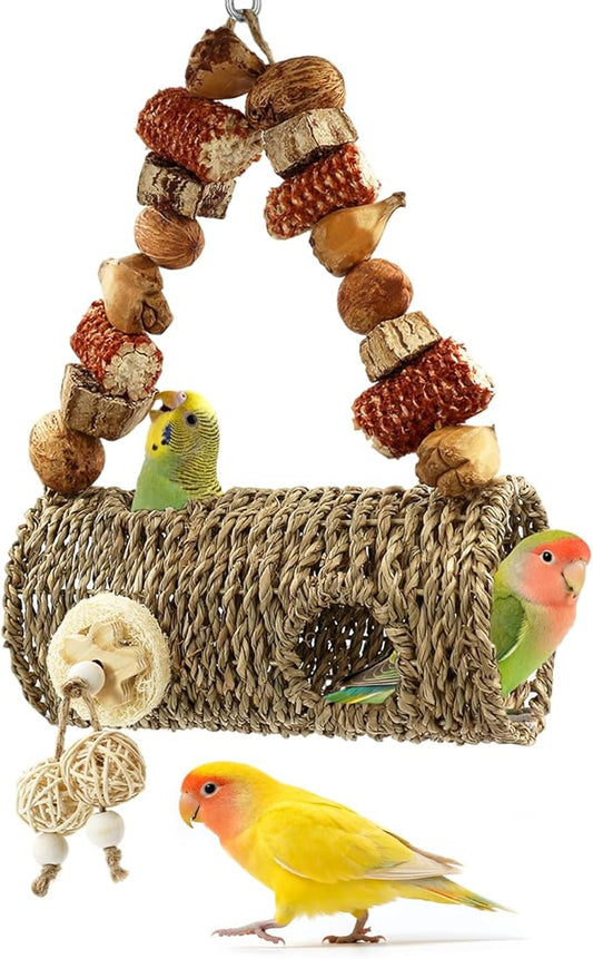 Bird Nest for Cage with Natural Chewing Toys, Hanging Bird Tunnel Bed with Sturdy Metal Frame & Handwoven Breathable Seagrass, Small Parakeet Bed for Lovebird, Canary, Budgie Rest & Chew & Play