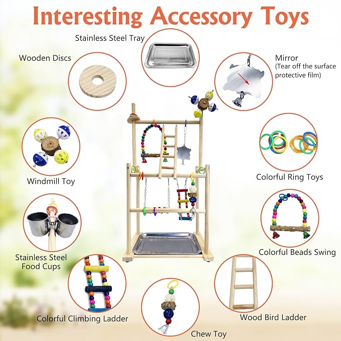 Hamiledyi Natural Wood Bird Playground - Large 3-Tier Perch Stand with Exercise Platforms Durable Activity Gym for Parrots, Cockatiels and Small Birds Bird Stand with Ladders and Swings
