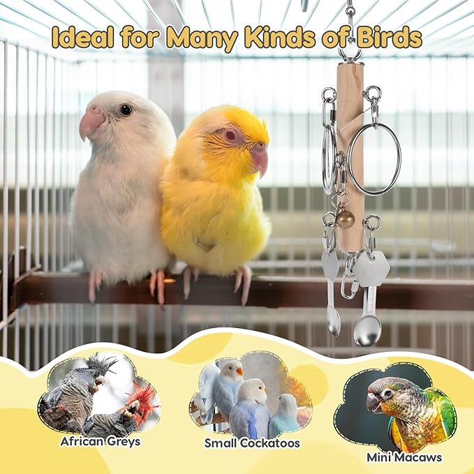 VINGVO Parrot Bird Toys with Metal Spoons, Stainless Steel Keys Rings Toy, Intelligence Development Crisp Sound Toys for Amazons Mini Medium Large Macaws African Greys Cockatoos Eclectus