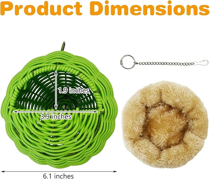 Rattan Birds Nest for Cage Hanging Parakeet House Chewproof Parrot Breeding Bed Small Budgies Hideout Swing Hut Bird Cage Accessories for Lovebirds Cockatiel Conure Finch Canary (Green)