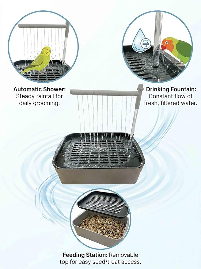 Automatic Parakeet Bird Bath with Pump,Adjustable Water Flow & Parrot Shower,USB Powered Bird Fountain Bathtub for Cage,Quiet Circulating Water System for Budgie,Lovebird (S)