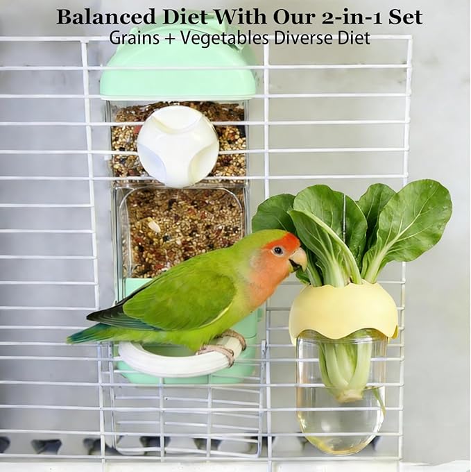 Automatic Bird Cage Feeder No Mess Bird Feeding Station Parrot Vegetable Holder Fruit Clips for Parakeet Cockatoo Canary Lovebirds Budgie (Blue)