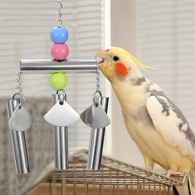 Wontee Bird Stainless Steel Bells String Parrot Hanging Chew Toy for Parakeet Cockatiel Cockatoo Conure (Silver)