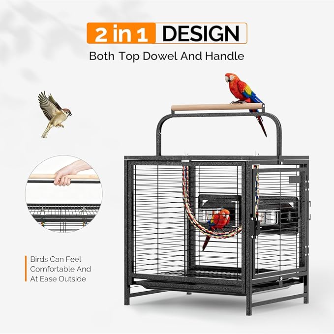 VINGLI Small Bird Cage, 25 inch Travel Carrier Bird Cage with Handle, Wrought Iron Parakeet Cage with Wooden Perch for Parrot Lovebirds Finches Small/Medium Birds (Hammertone Black)