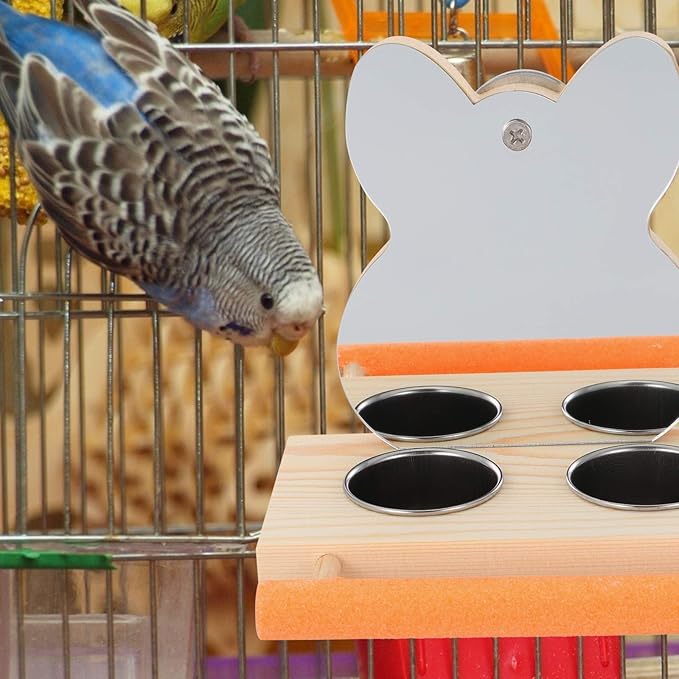 Parrot Mirror with Water Food Bowl or Bird Cage Feeding Wood Holder Cage Accessory Feeding Bowl Parakeet Toys for Parrots, Cockatiels, and Budgies