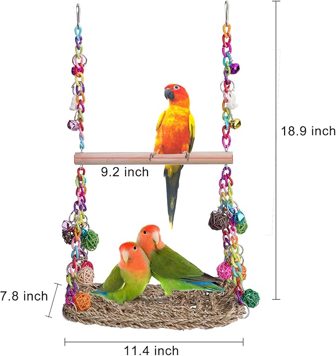 FrgKbTm Bird Swing Toys with Wood Perch, Seagrass Woven Parrot Platform Bird Climbing Hanging Hammock Bird Perch Stand Chewing Toy for Parakeets,Budgie, Conure, Cockatiel,Lovebird