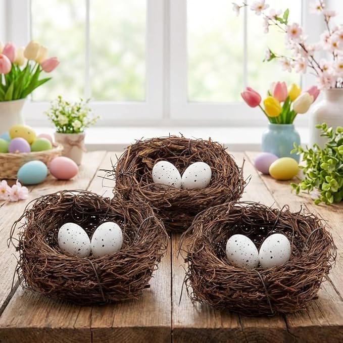 Whaline 3 Set Easter Bird Nest Decoration Kit with 6 Artificial Egg Foam Eggs Ornaments Rattan Woven Birds Nest for Crafts Home Spring Party Decor
