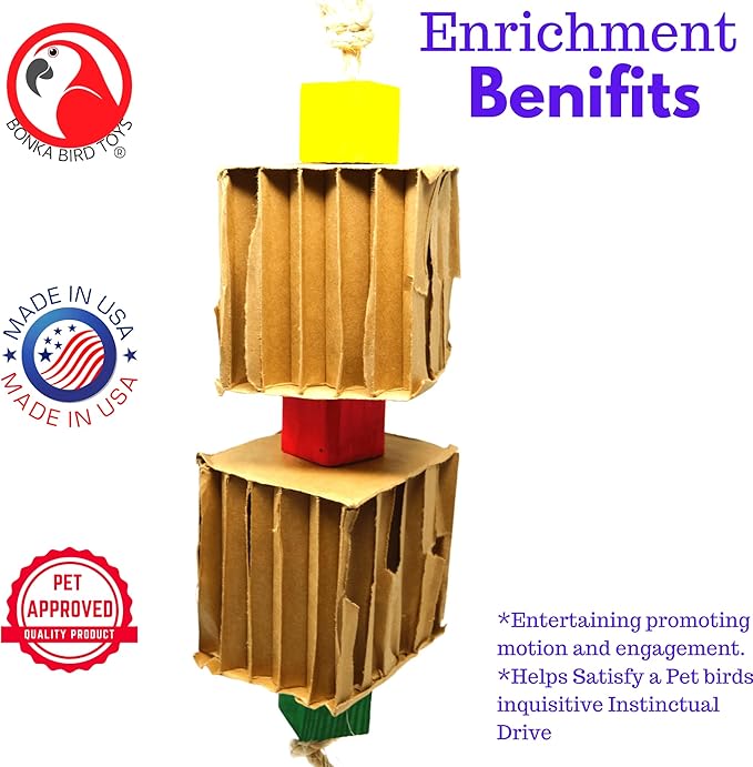 Bonka Bird Toys 3748 Big Duo Blocks N Cube Wood Hanging Chew Toy 12" Natural Hardwood and Rope for Medium to Large Parrots Cage Enrichment and Beak Conditioning