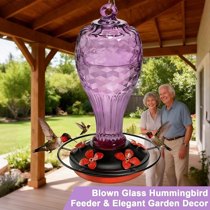 20 oz Hand-Blown Glass Hummingbird Feeder, Hanging Hot Air Balloon Design, Leak-Proof Silicone Seal, Ant-Proof, Outdoor Garden Decor Gift for Mom, Purple