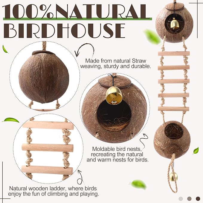 Briwooody Coconut Shell Bird Nest House Breeding Bed Nestingand Anti-pecking Bite with Natural Coir Fiber Bird Nest Toy Bell for Parrot Budgie Parakeet Cockatiel Conure Lovebird Canary Finch (Stylish)