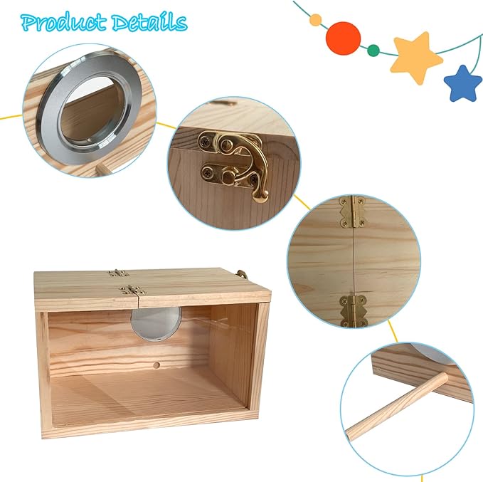Transparent Parakeet Nesting Box,Wooden Parrot Nest Breeding Box with Perch Natural Bird House for Cage Suitable for Lovebirds Cockatiels Canaries