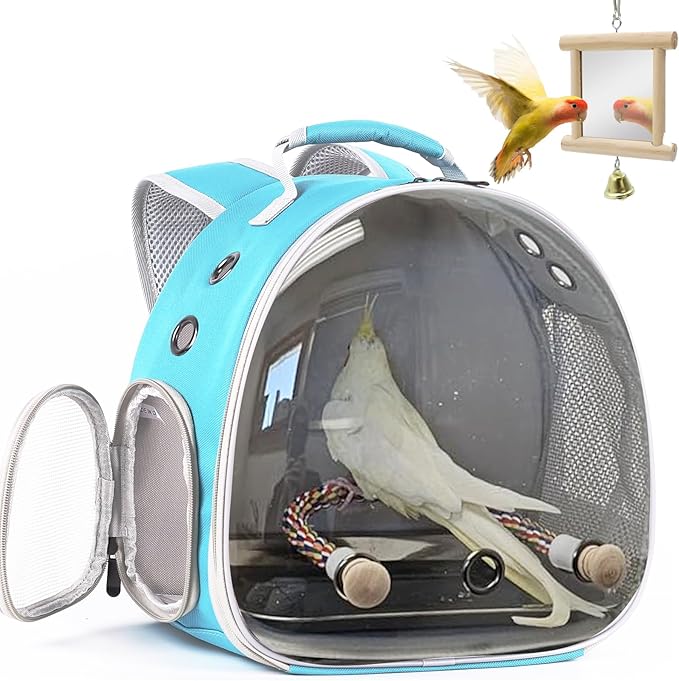 Parrot Travel Carrier Bubble Window Backpack with Mirror Standing Toy,Portable Parrot Cage Backpack with Bird Stand Perch, Pet Travel Bag for Cockatiels, Love Bird,Small Birds