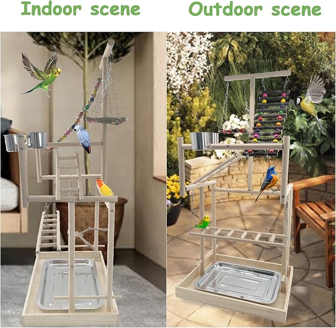 Hamiledyi 4 Layers Large Bird Playground 32" H Pet Parrot Playstand Gym Perch Wood Playpen for Parakeets Lovebirds Conure Cockatiel Cockatoos Finch Budgies or Other Small and Medium Sized Birds