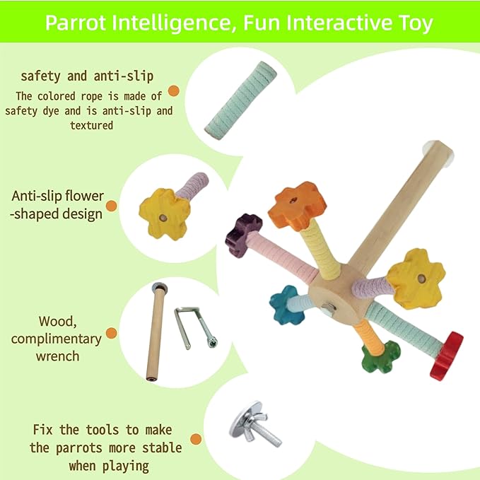 Flower Bird Stand Perch Toy, Interactive Spinning Parakeet Toys, Wooden Exercise Wheel Parrot Toy, Colorful Enrichment Cockatiel Toy for Birds Cage, Bird Cage Accessories Perch Toys for Budgies