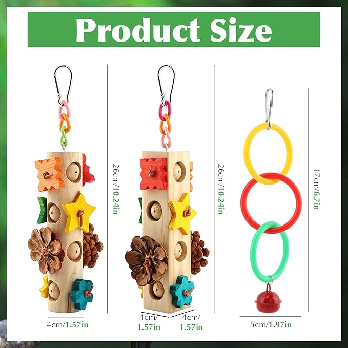 Natural Wood Parrot Chew Toys, 3 Pack Hanging Bird Foraging Toy with Wooden Blocks, Pine Cones & Climbing Rings, Bird Cage Accessories for Parakeet, Cockatiel, Macaw, African Grey Parrot