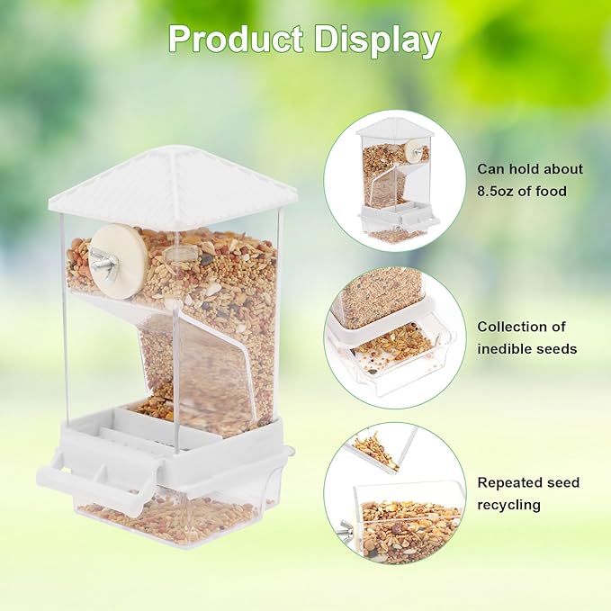 No Mess Automatic Bird Feeder for Cage, with Perch Acrylic Transparent No Spill Birds Feeder Bird Cage Accessories for Parakeets Lovebirds Canary Cockatiel Finch（White）