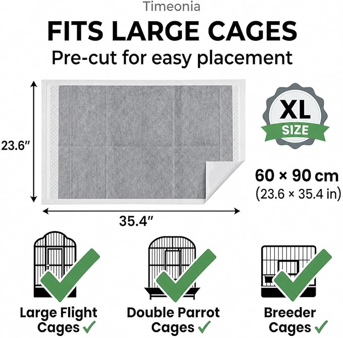XL Bird Cage Liners 23.6" x 35.4" (20 Pack = 40 Weeks) - 7-Layer Bamboo Charcoal Pads for Macaw & Parrots - Odor & Dander Control - Quick Cleanup Paper Alternative at $0.15/Day