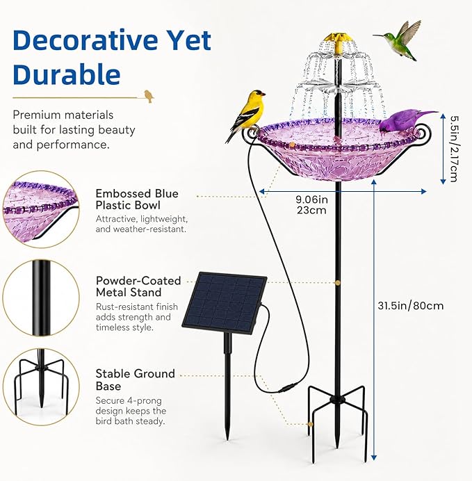 Bird Bath for Outside with Solar Fountain, Plastic Bowl on Metal Stake and Ground Stand, Freestanding Garden Accent for Yard and Patio (Purple(L))