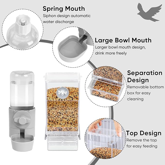lemtrflo No Mess Bird Feeder Water Dispenser Set, Bird Feeder for Cage, Cage Accessories for Cockatiels, Finches, Budgies and Canaries
