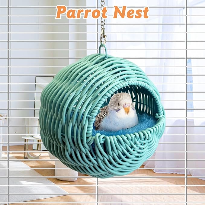 BNOSDM Rattan Parrot Nesting House Bird Nest Parakeet Hanging Swing Soft Lovebird Warm Bed Sleeping for Parrots Bird Cage Accessories for Cockatiels Budgerigars Finches Canaries (Blue)