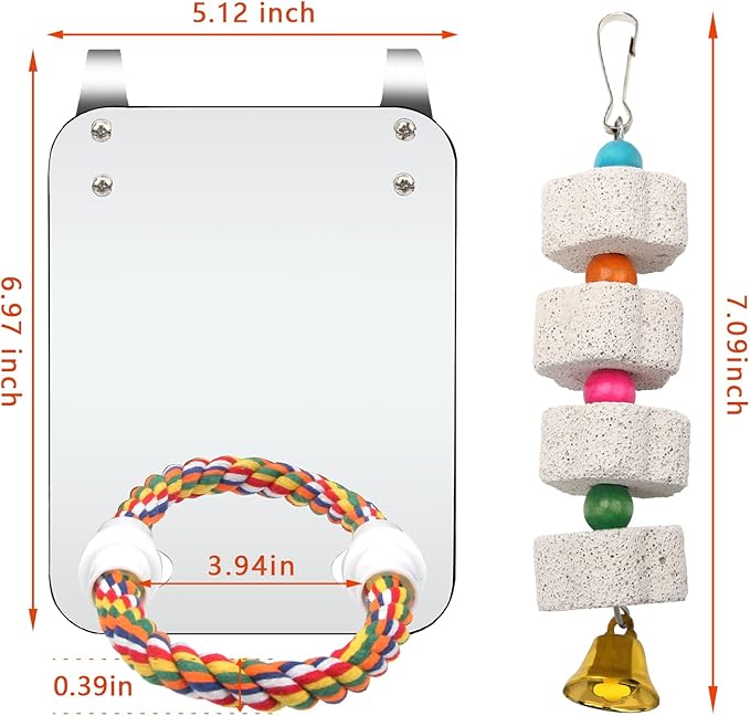 Catcan Bird Cage Mirror, Bird Mirror with Perch Rope for Cage Cockatiels Cotton Rope Standing Bar Parrot Mirror with Parrot Molar Toy Pendant