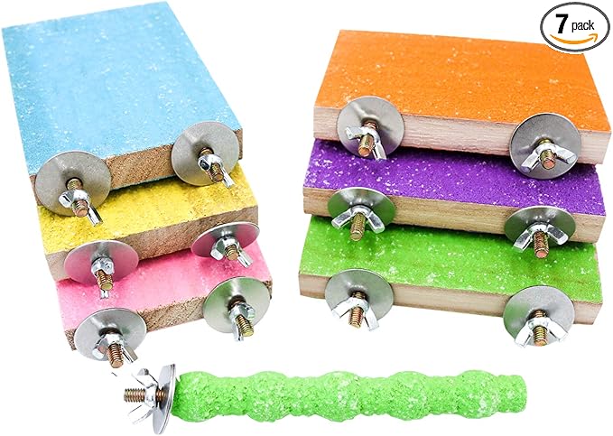 7 Pcs Bird Perch Stand Toy, Wood Parrot Stand Platform Colorful Sand Paw Grinding Stick Cage Accessories Exercise Toys for Cockatiel Conure Budgies Parakeet Lovebird Hamster Gerbil Rat Mouse (7 Pcs)