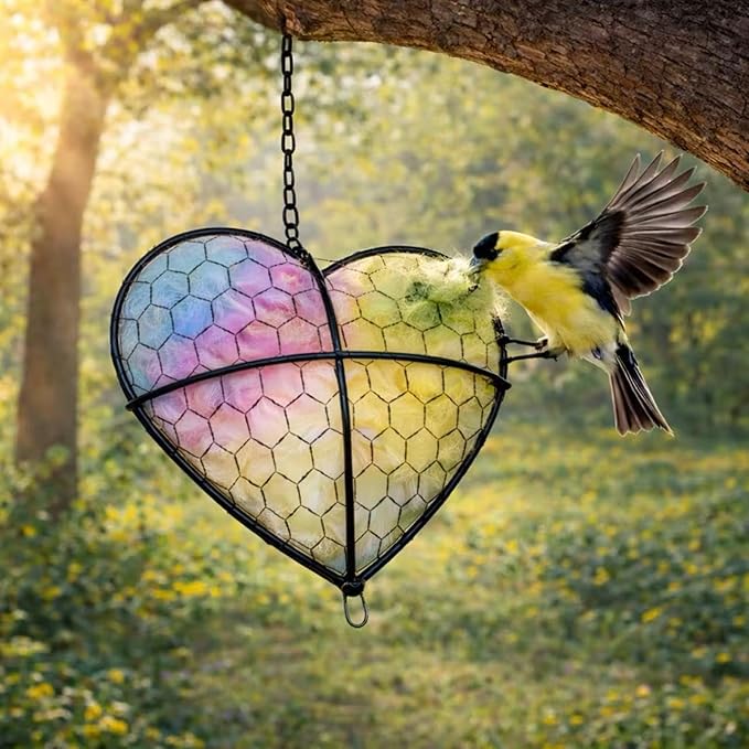 Handmade Alpaca Fiber Heart Bird Nesting Holder for Garden Birds — Cozy Outdoor Gift-Pastel