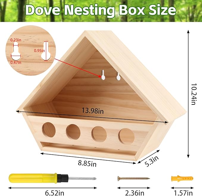 Dove Bird House for Outside, 14" L x 10.2" H x 5.3" W Mourning Dove Nesting Box, Pigeon House with 2 Preset Mounting Holes - Easy to Install & Remove