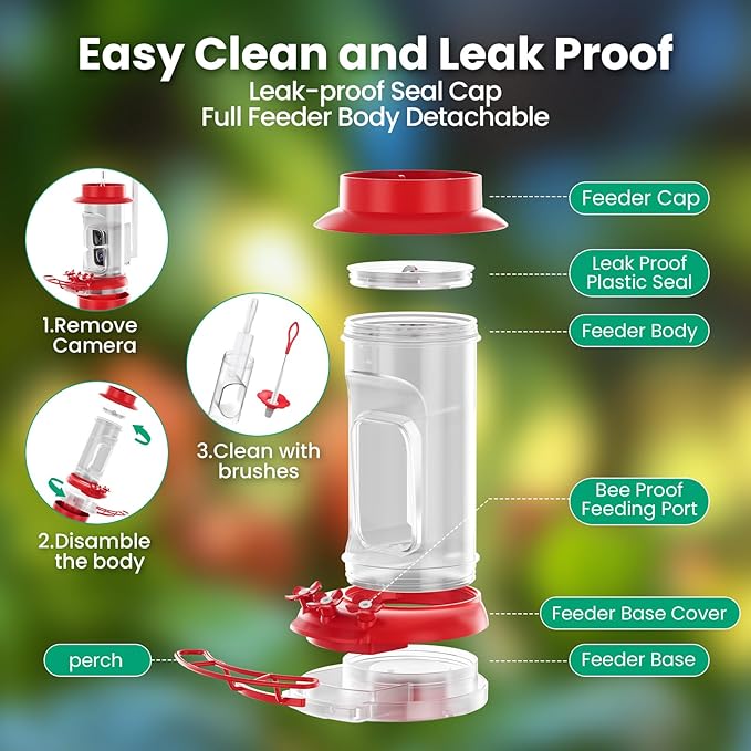 Soliom Hummingbird Feeder with Camera, Smart Feeder Camera with 2K Live View AI Identify, Leak Proof&Ant Moat&Bee Proof, Outdoor Pole/Hook Hanging, Ideal Gift for Family, 16 OZ Red