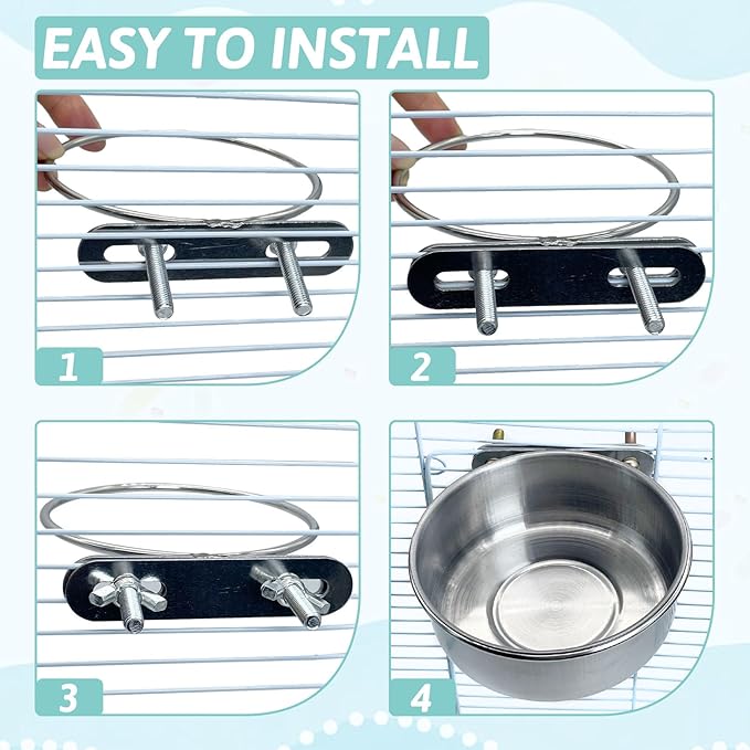 PINVNBY Stainless Steel Bird Bowl Parrot Food Water Bowls with Clamp Holder Bird Feeder Dish Cups Crate Bowls for Cockatiel Pigeons Conure Budgies African Greys (2PCS Screw Size: L)