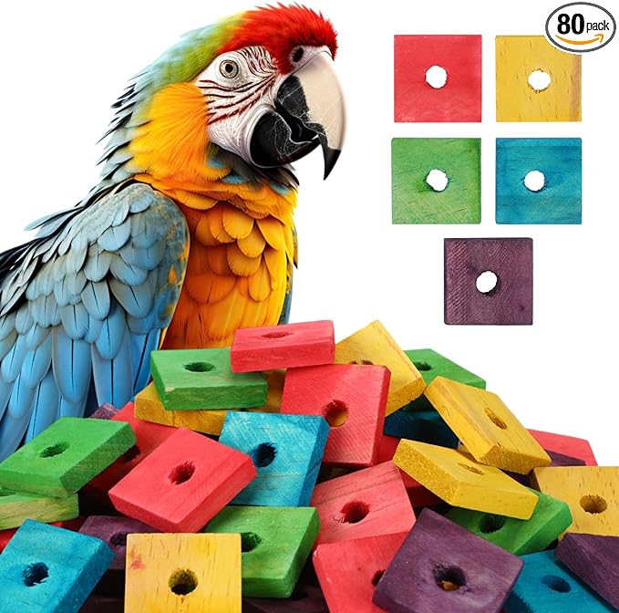 Sumind 80 Pieces Bird Toy Wooden Blocks Parrot Chewing Toys Mini Wood Chips Small Animals Cage Accessories for DIY Playing Chewing Shredding Mixed Large Bird Toys, Random Color