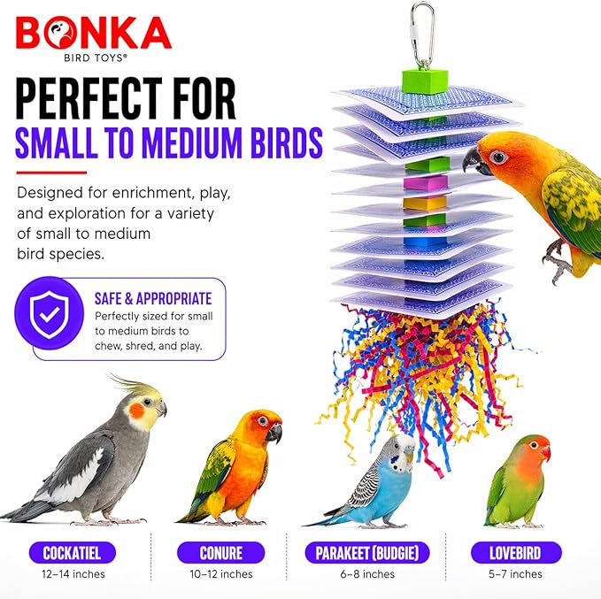 Bonka Bird Toys 1472 Poker 8" x 3.5" Paper Cards Crinkle Shred Foam Beads Wire Core Hanging Toy for Small Medium Birds Like Conures Senegals Caiques Meyers Foraging Chewing Enrichment