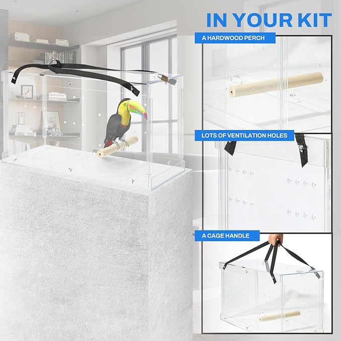 PENNZONI Macaw Acrylic Carrier, Large Bird Carrier, Crystal Clear Acrylic Bird Carrier, Bird Travel Carrier, Acrylic Bird Transporters