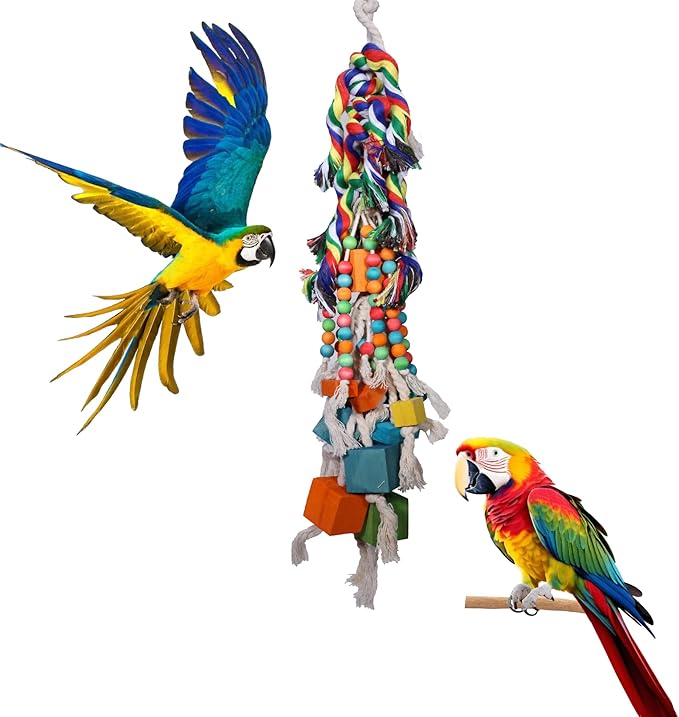 Durable Bird Toys for Large Parrots Parrot Toys for Macaws & African Greys Natural Wood, Squeaky, Chew & Climbing Toys for Large Birds, Safe & Eco-Friendly