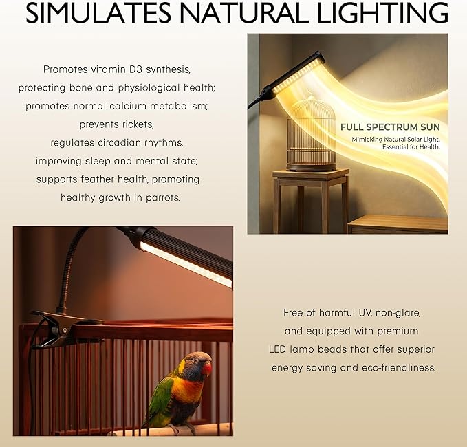 Full Spectrum Bird Cage Light for Birdcage, LED Bird Lamp with 90 Beads, Timer & Brightness Control for Indoor Use Safe Chew-Resistant Bird Light Lamp, Flexible Gooseneck, 3/9/12H Timer for Daily Care