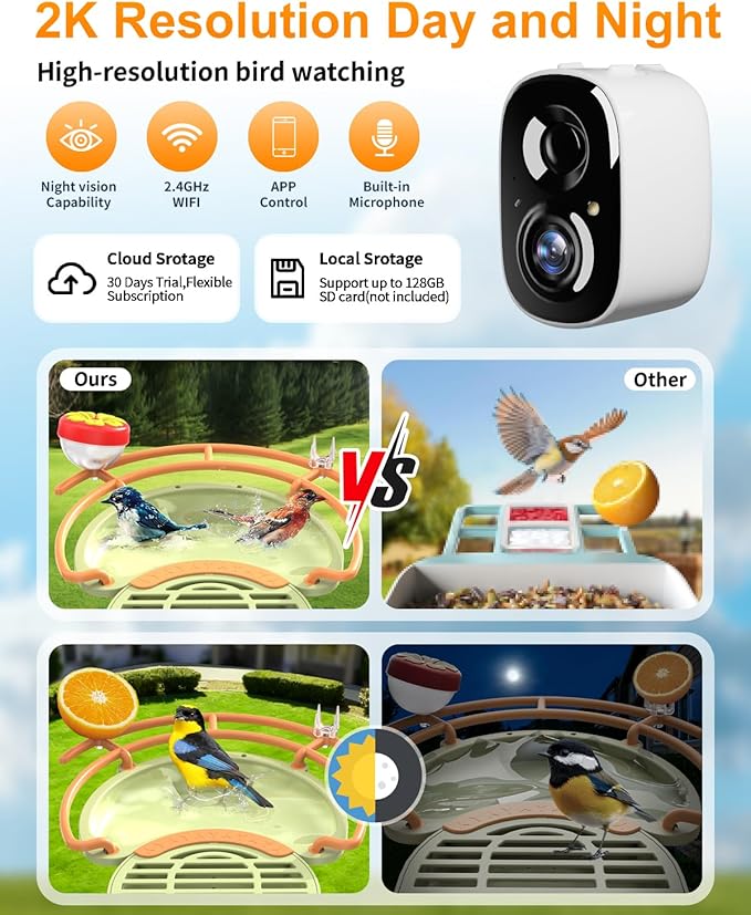 Bird Feeder with Camera, 2K HD Camera Birds Feeder with AI Bird Recognition, Solar Powered Smart Birdfeeder with Bath, App Control, Color Night Vision, Gift Box Package, Easy Install