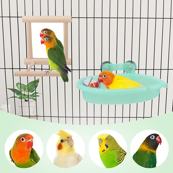Wontee Bird Bath Parrot Bathing Tub Bird Mirror with Perch Toys for Budgies Parakeets Cockatiels Lovebirds Finches Canaries