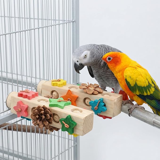 2 Piece Wooden Bird Perch Bird Toys, Wooden Parrot Toys, Birds Chew Toy Cage Accessories for Small to Medium Budgies, Cockatiels, Parakeet, Conures, Ideal for Beak-Grinding