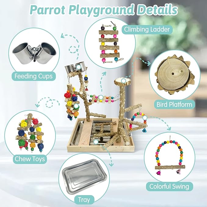 PINVNBY Bird Playground Natural Wood Parrot Perch Stand Bird Play Gym Colorful Ladder Swing Chewing Toys with Metal Tray and 2 Stainless Steel Cups Cage Accessories for Conure Cockatiel Parakeet