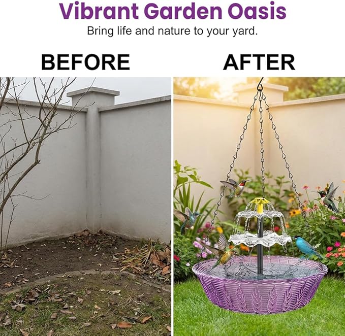 Solar Hanging Bird Bath Fountain, Solar Powered Auto Water Circulation Glass Bird Bath with Hanging Chain, Weatherproof Outdoor Garden Decor to Attract Hummingbirds Wild Birds (1pc)
