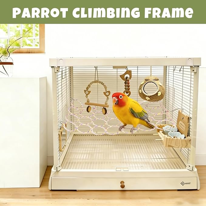 2 Pack Hanging Bird Climbing Rope Net, Parrot Swing Toy, Bird Ladder Bridge for Cage Accessories, Suitable for Parakeet, Cockatiel, Conure, Lovebird