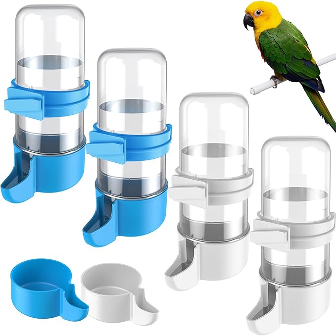 Pawfly 4 Pcs Bird Water Dispenser, Cage Accessories for Parrot & Hamster, Bird Feeder for Cage, White & Blue Waterer for Small Parakeet Cockatiel Budgie Lovebirds
