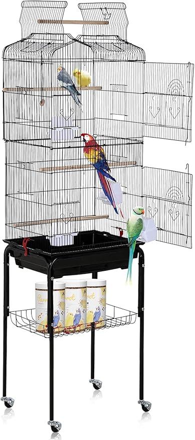 Dkeli Bird Cage, 64 in Open Top Parakeet Cage with Rolling Stand for Medium Small Cockatiel Macaw Conure Lovebird Canary Bird Wrought Iron Flight Pet House with Storage Shelf, Black